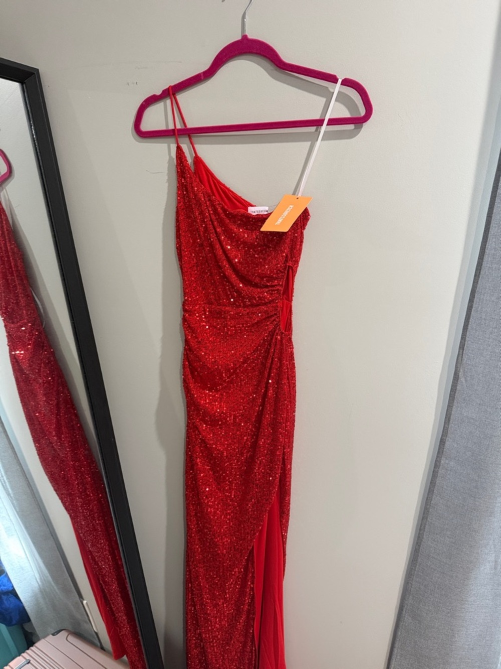 Red Sequin One-Shoulder Evening Gown